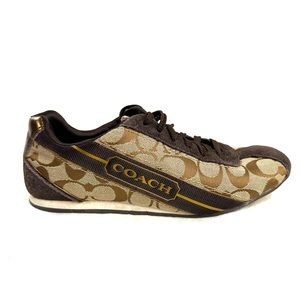 Coach Hilary Women Size 8 Brown Tan Logo Canvas Sneaker Shoe Leather Trim